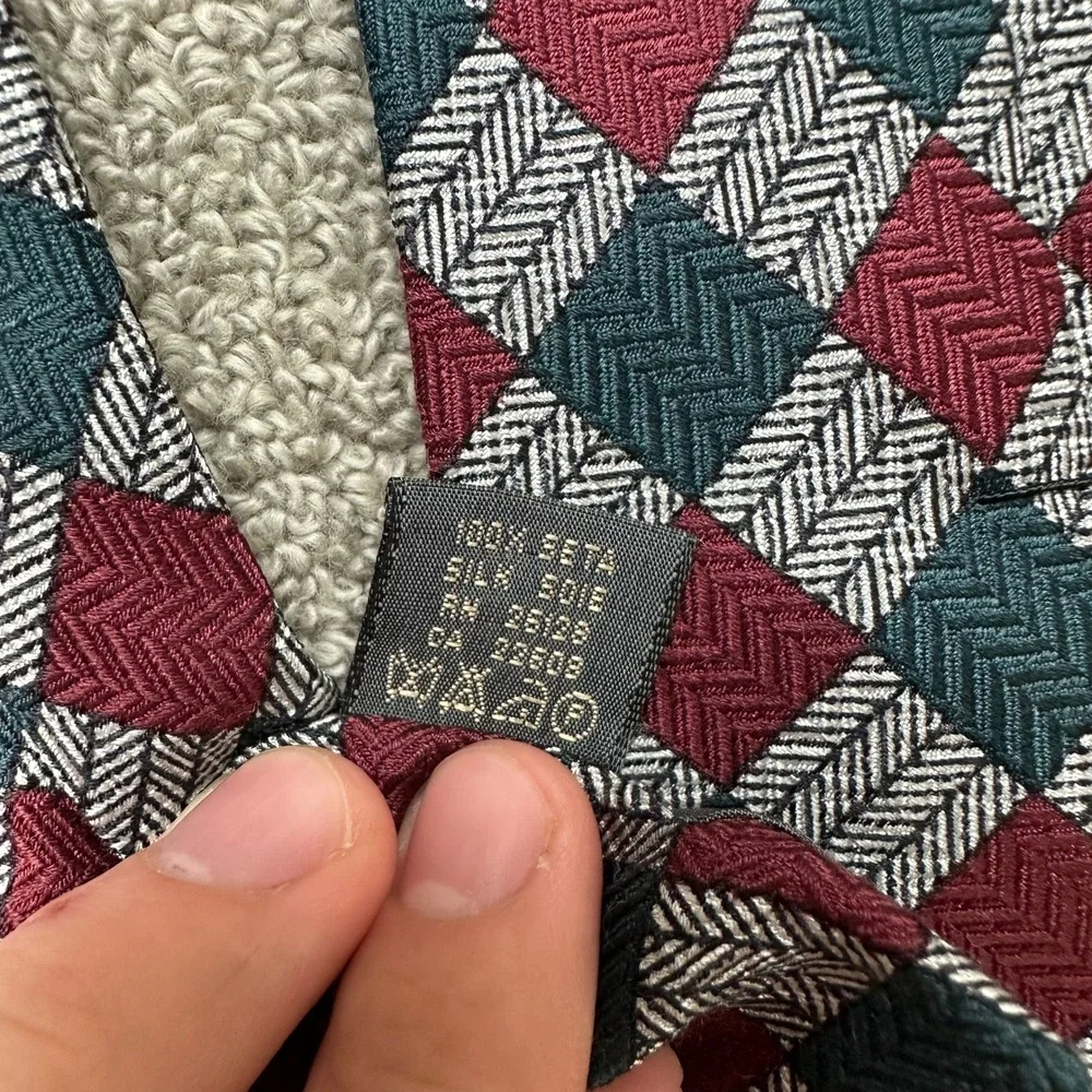 Echo Mens Silk Tie Burgundy Green Silver Harlequin Diamond Herringbone Vintage